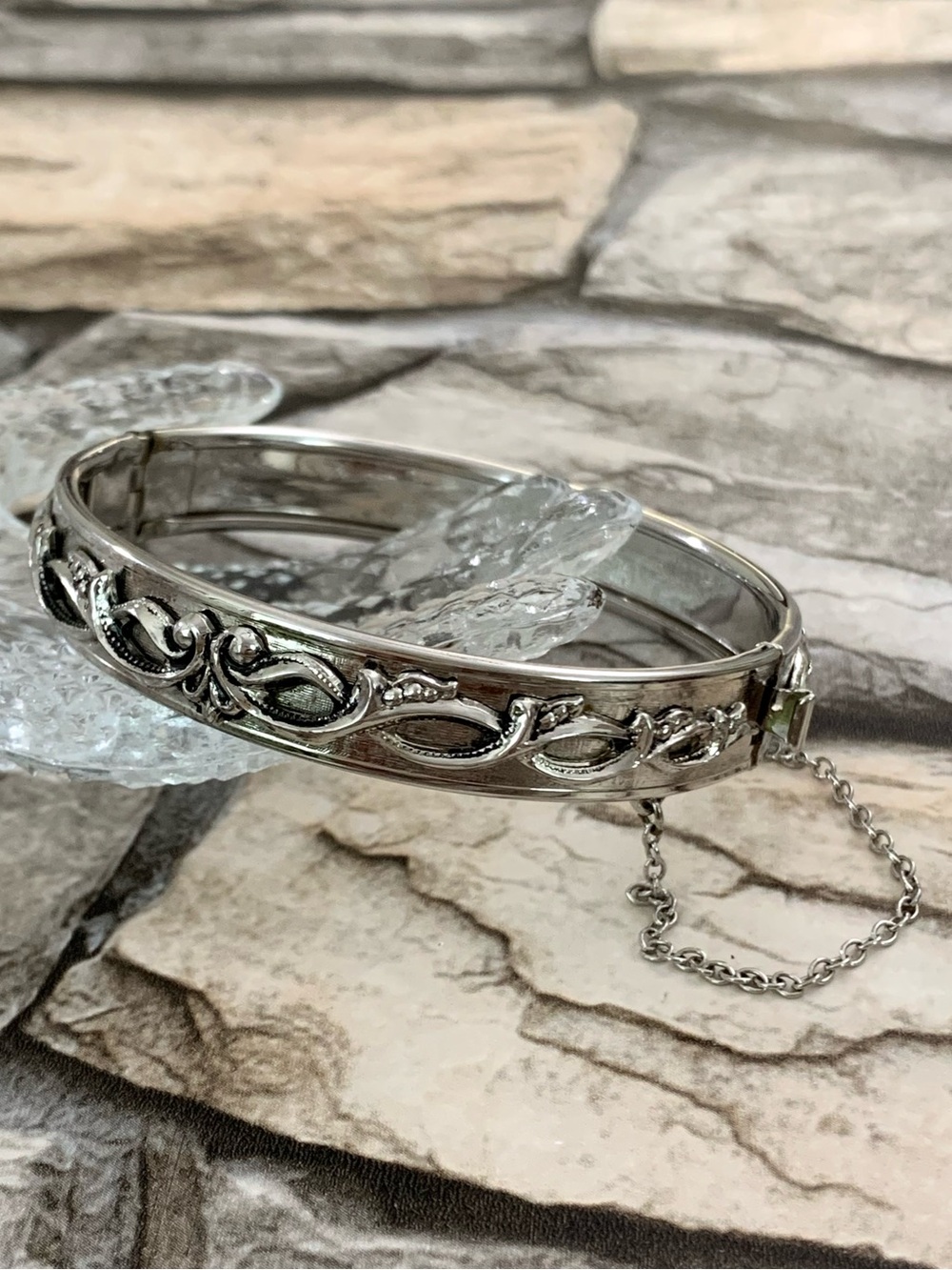 Vintage Signed Whiting & Davis Dainty Silver Plated Embossed Bangle Bracelet
